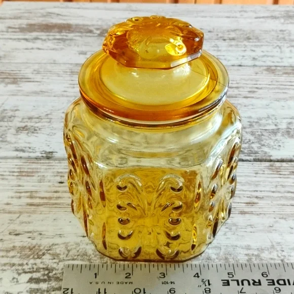 L E Smith Atterbury Scroll Imperial Glass Canister Apothecary Jar Amber Vintage - Picture 7 of 8